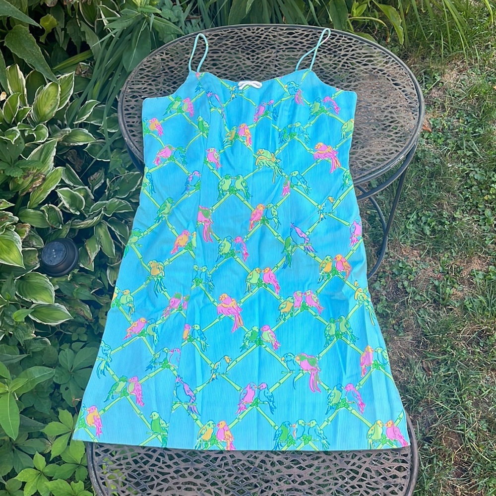 Vintage Lilly Pulitzer size 10 aqua parakeet spaghetti strap dress.